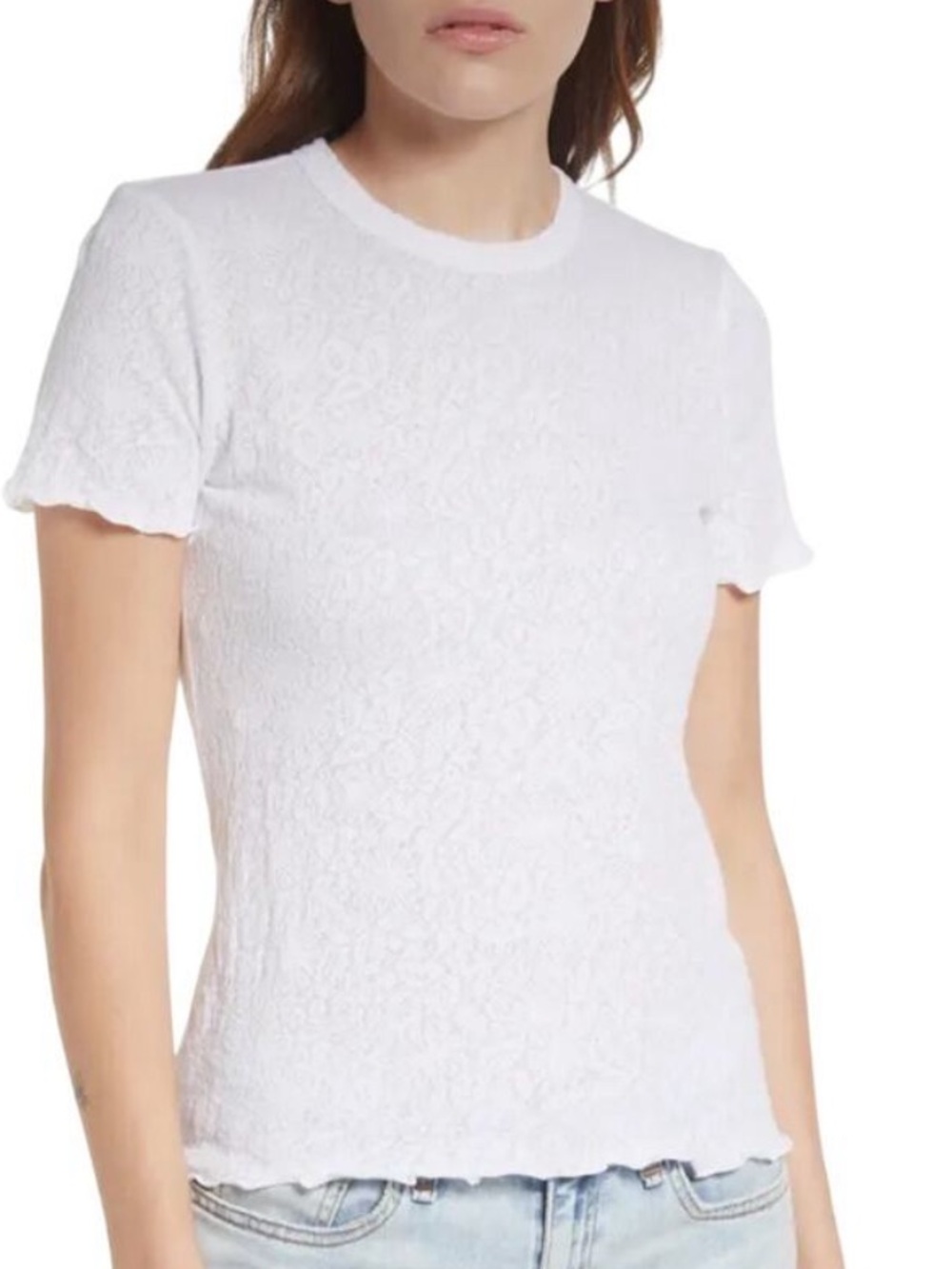 White Short Sleeve Lace Texture Tee